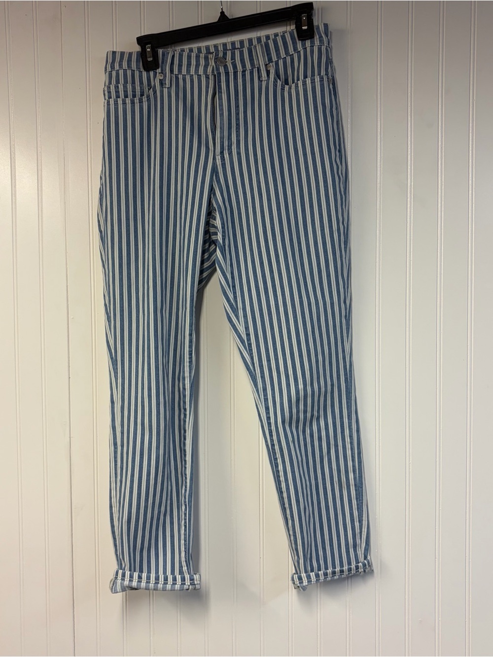 Lands End Striped Blue and White Casual Straight Leg Jeans Size 8